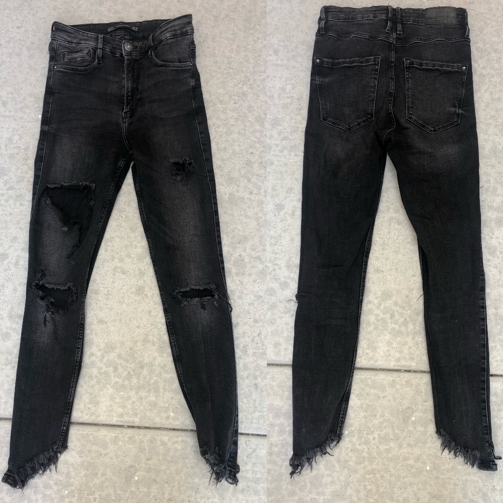ZARA Black Destroyed Frayed hem Skinny Jeans - Picture 1 of 4